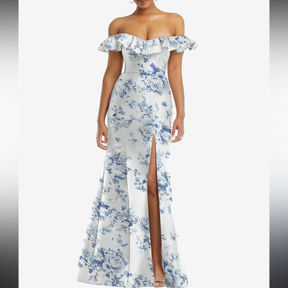 Alfred Sung Floral Off-Shoulder Maxi Dress in Blue and White
